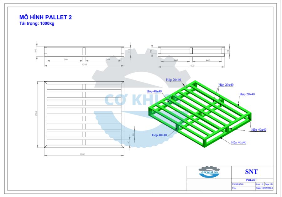 Mô hình pallet tải trọng 1000kg